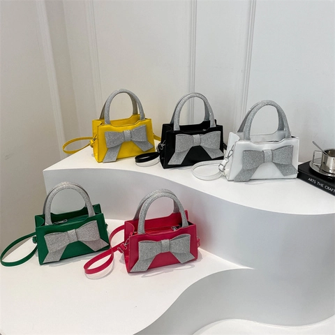Women PU Leather Small Square Handbag Large Glitter Rhinestone Bowknot Crossbody Bag Korean Style Elegant Trendy
