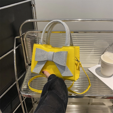 Women PU Leather Small Square Handbag Large Glitter Rhinestone Bowknot Crossbody Bag Korean Style Elegant Trendy
