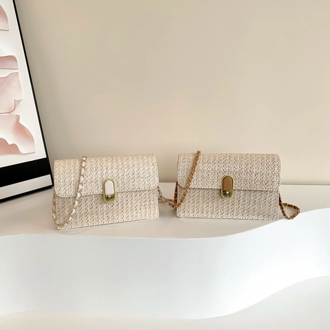 Ψάθινη Πλεκτή Τσάντα Ώμου Για Γυναίκες Καλοκαιρινές Διακοπές Στην Παραλία Δερμάτινη Διακόσμηση PU Λουράκι Αλυσίδας