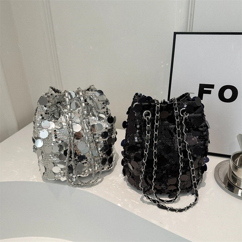 Pailletten Eimertasche Für Damen Große Runde Pailletten Mit Metallkette Schulter Umhängetasche Für Party Abend Mode