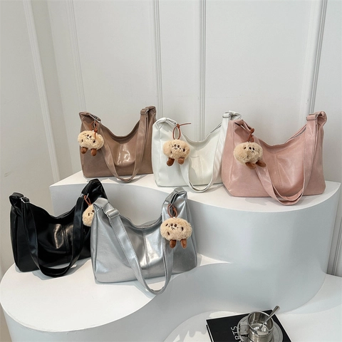 Hobo Bag Women PU Leather Large Capacity Underarm Tote With Plush Pendant