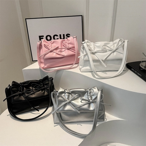 Bolso De Hombro Para Mujer Cuero PU Fruncido Doble Lazo Bolso De Axila Cruzado Moda Viaje Color Sólido