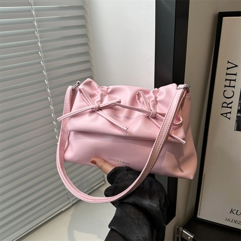 Bolso De Hombro Para Mujer Cuero PU Fruncido Doble Lazo Bolso De Axila Cruzado Moda Viaje Color Sólido