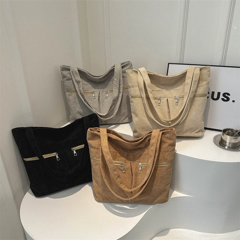 Corduroy Tote Bag Large Capacity Women Shoulder Bag With Front Zipper Pockets Casual Solid Color Handbag Daily Style