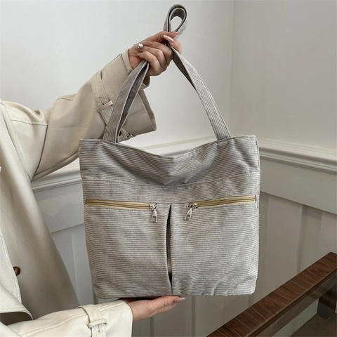 Corduroy Tote Bag Large Capacity Women Shoulder Bag With Front Zipper Pockets Casual Solid Color Handbag Daily Style