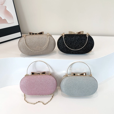 Damen Abendtasche Glitzer Pailletten Oval Hartschale Mit Metall Schleife Verschluss Und Abnehmbarer Kette Hochzeit