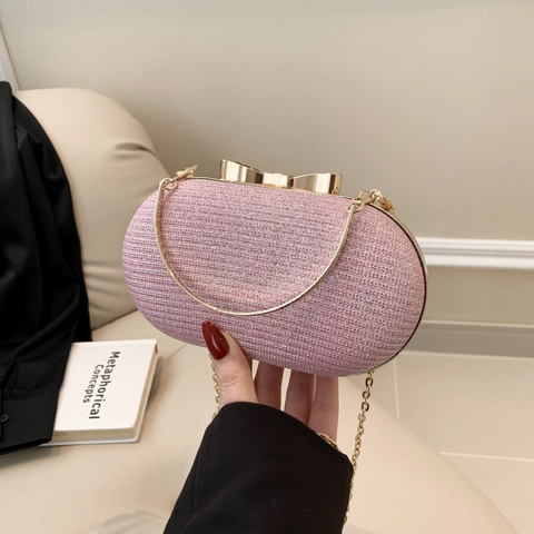 Damen Abendtasche Glitzer Pailletten Oval Hartschale Mit Metall Schleife Verschluss Und Abnehmbarer Kette Hochzeit