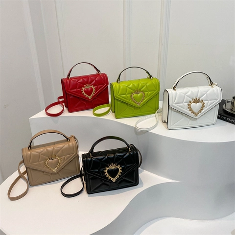 Women PU Leather Shoulder Bag Quilted Handbag With Gold Heart Crown Buckle Elegant Fashionable Crossbody Bag