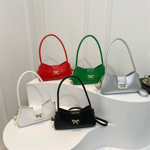 Minimalist PU Leather Underarm Baguette Bag With Gold Bow Buckle Retro Style Shoulder Handbag For Women Daily Wear