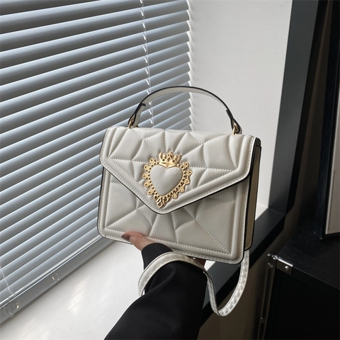 Women PU Leather Shoulder Bag Quilted Handbag With Gold Heart Crown Buckle Elegant Fashionable Crossbody Bag