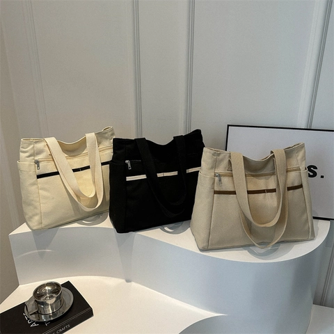 Große Kapazität Canvas Tragetasche Damen Minimalistische Schulter Handtasche Mit Vielen Taschen Für Schule Und Büro