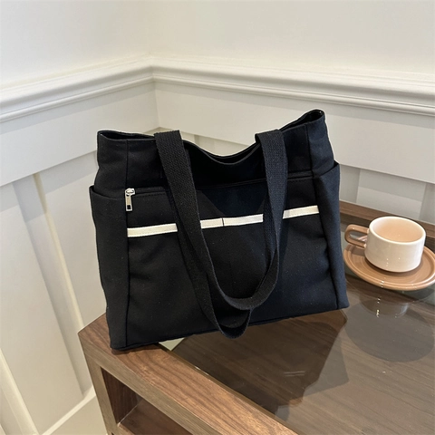 Große Kapazität Canvas Tragetasche Damen Minimalistische Schulter Handtasche Mit Vielen Taschen Für Schule Und Büro