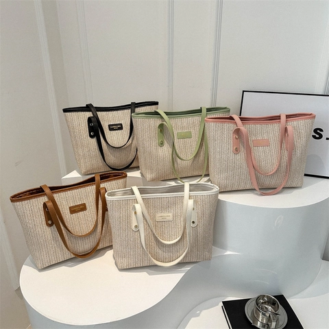Bolso De Mano De Paja Tejida Para Mujer Gran Capacidad Con Ribete De Cuero PU Color De Contraste Vacaciones De Verano Playa