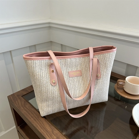 Bolso De Mano De Paja Tejida Para Mujer Gran Capacidad Con Ribete De Cuero PU Color De Contraste Vacaciones De Verano Playa