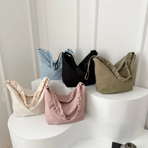 Bolso De Hombro Grande Con Correa Fruncida Tela Plisada Hobo Tote Ligero Informal Simple Para Mujeres