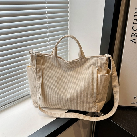 Borsa Tote In Velluto A Coste Da Donna Grande Capacità Borsa A Tracolla Con Tracolla Regolabile Tasche Laterali Casual Retro