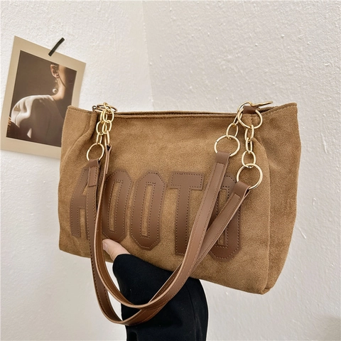 Bolso Tote Gran Capacidad Pana Parche Letra Cremallera Bolso De Hombro Con Cadena Para Mujeres Estudiantes Uso Diario