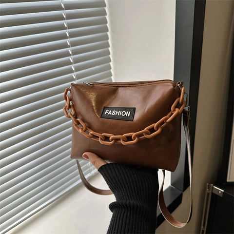 Dames Crossbodytas Van PU Leer Met Grove Acryl Ketting Modieus Label Rits Casual Schoudertas