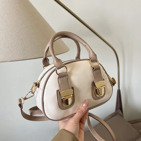 Women Vintage Boston Handbag Retro PU Leather Crossbody Bag With Double Handles And Gold Hardware Zipper Closure Trendy