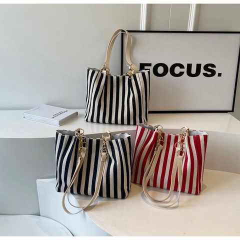 Große Damen Canvas Tote Bag Vintage Vertikal Gestreifte Umhängetasche Mit Metallkette Lässig Arbeit Reise