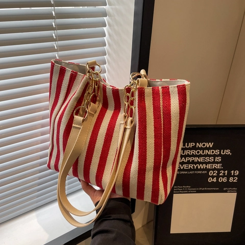 Striped Canvas Tote Bag With PU Leather Handle Metal Chain Decoration Large Capacity Shoulder Handbag For Women