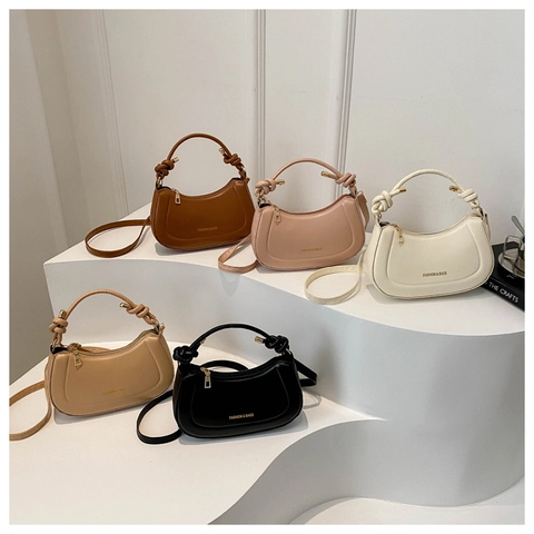 Women Half Moon Shoulder Bag PU Leather Knot Handle Elegant Saddle Crossbody Purse Solid Color Minimalist Hobo Bag