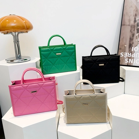 Women Quilted Handbag PU Leather Fabric Geometric Pattern Square Tote Detachable Shoulder Strap Daily Fashion Trendy