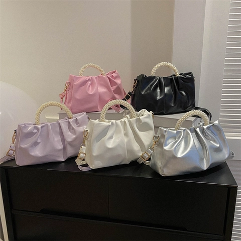 Women Ruched Cloud Bag With Artificial Pearl Handle Fashion PU Leather Shoulder Bag Crossbody Handbag For Daily Party Women Bag