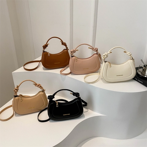 Bolso de Axila Retro de Cuero PU para Mujer Moda Color Sólido Bolso de Hombro con Asa de Nudo Cremallera de Oro Bolso Mano