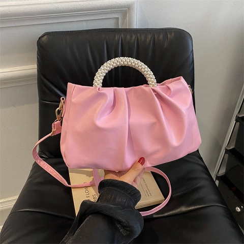 Ruched Cloud Shoulder Bag PU Leather Artificial Pearl Handle Pleated Elegant Handbag Crossbody Bag For Women