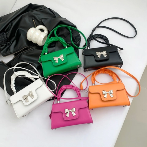 Mini Shoulder Bag PU Leather Metal Bow Ruched Handle Crossbody Handbag Fashion Square Bag For Women
