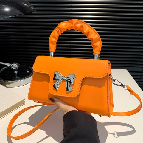 Mini Shoulder Bag PU Leather Metal Bow Ruched Handle Crossbody Handbag Fashion Square Bag For Women
