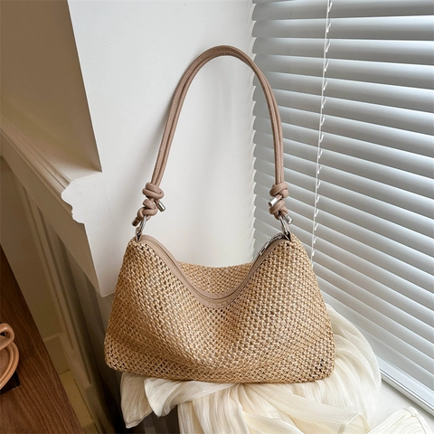 Borsa Spalla Paglia Intrecciata Donna Vintage Tracolla PU Annodata Grande Capacità Tote Spiaggia Estate Minimalista