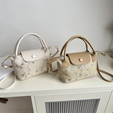 Floral Embroidery Woven Straw Handbag PU Leather Trim Crossbody Shoulder Bag Summer Vacation Fashionable Square Bag