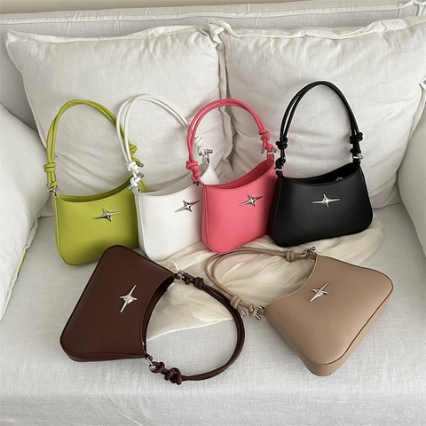 Women PU Leather Underarm Hobo Bag With Silver Star Metal Buckle Knot Strap Solid Color Korean Y2K Fashion