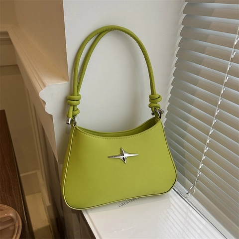 Women PU Leather Underarm Hobo Bag With Silver Star Metal Buckle Knot Strap Solid Color Korean Y2K Fashion