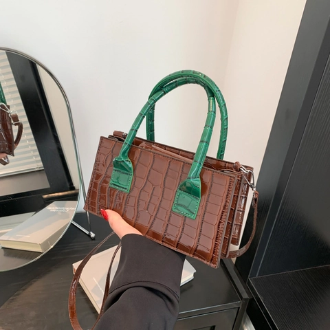 Crocodile Embossed PU Leather Shoulder Bag Contrast Color Handbag Stylish Crossbody Square Purse For Women Daily Work