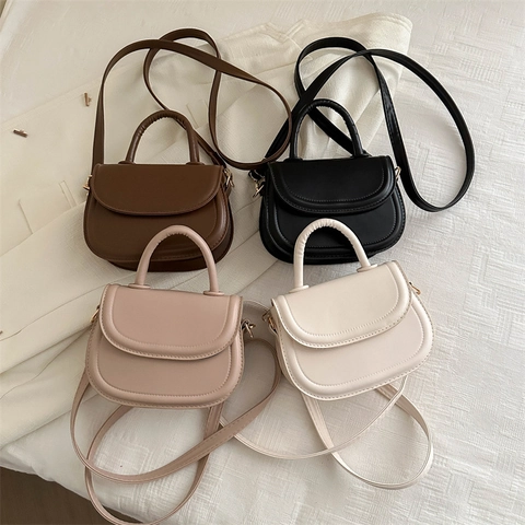 Bolso De Sillín De Cuero PU Para Mujer Retro Color Sólido Mini Bolso Bandolera Con Asa Superior Y Correa Desmontable