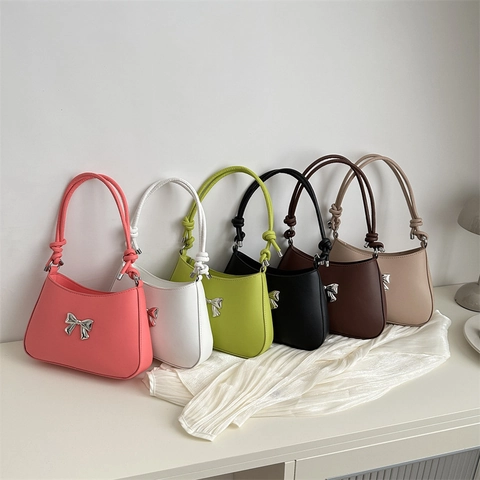 Women PU Leather Underarm Bag With Silver Metal Bow Knotted Strap Solid Color Trendy Shoulder Hobo Bag
