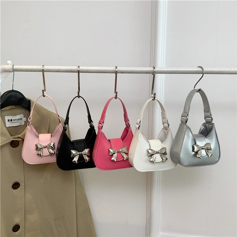 Women Mini Bow Handbag PU Leather Crescent Crossbody Bag With Chain Strap Underarm Shoulder Purse Sweet Trendy