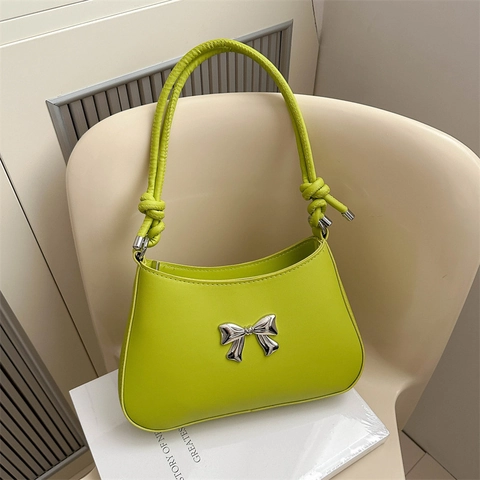 Women PU Leather Underarm Bag With Silver Metal Bow Knotted Strap Solid Color Trendy Shoulder Hobo Bag