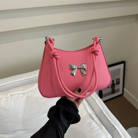 Women PU Leather Underarm Bag With Metal Bow Decoration Knotted Shoulder Strap Korean Style Small Hobo Handbag Trendy