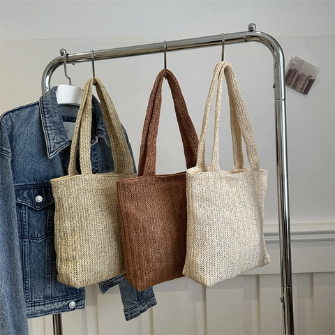 Gewebte Einkaufstasche Stroh Schultertasche Große Kapazität Fischgrätenmuster Sommer Strand Urlaub Retro Stil Damen