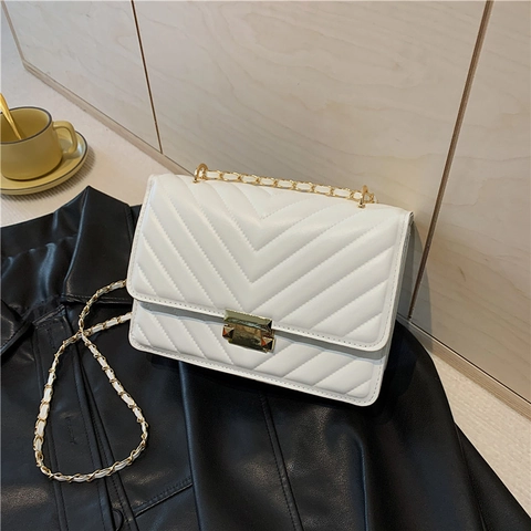 Sac À Épaule Matelassé Chevron Pour Femmes Cuir PU Chaîne Dorée Rabat Sac Bandoulière Petit Carré Mode Casual