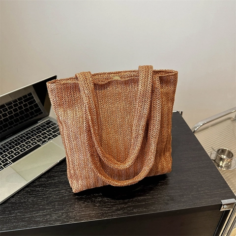 Gewebte Einkaufstasche Stroh Schultertasche Große Kapazität Fischgrätenmuster Sommer Strand Urlaub Retro Stil Damen
