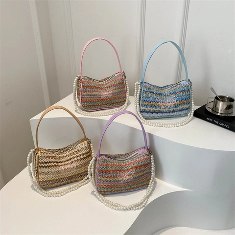 Bolso de Hombro de Paja Tejida con Bordado de Mariposa y Cadena de Perlas Artificiales Color de Contraste Playa de Verano Axila