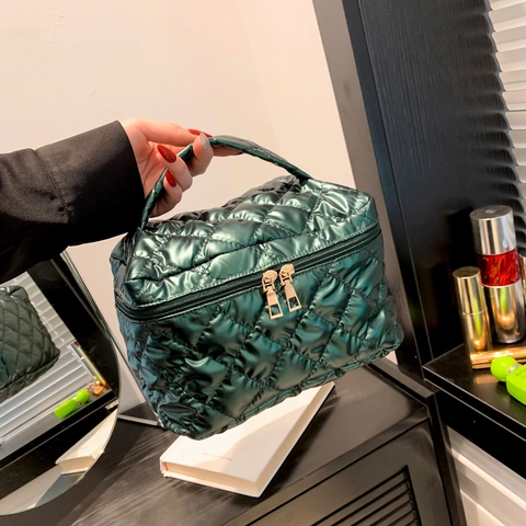 Beauty Case Trapuntato Con Motivo A Rombi Organizzatore Trucco Imbottito Con Maniglia Doppia Cerniera Dorata Borsa Da Viaggio Donna