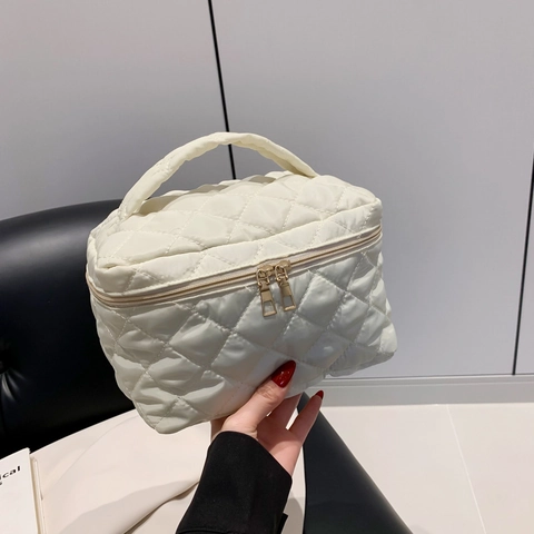 Borsa Cosmetica Trapuntata di Grande Capacità Motivo a Rombi Nylon Borsa Porta Trucco Trousse da Viaggio per Donna Doppia Cerniera