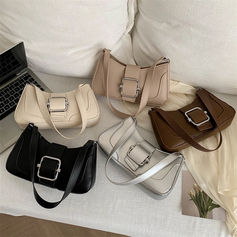 Bolso de Hombro para Axila de Cuero PU para Mujer Color Sólido Con Hebilla de Metal Grande para Viaje Diario Moda Casual
