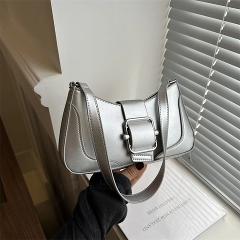 Women French Baguette Bag Large Silver Buckle PU Leather Underarm Shoulder Bag Solid Color Casual Fashion Daily Handbag